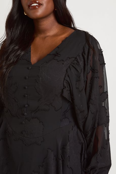 Plus Floral Burnout Volume Sleeve Ruffle Hem Skater Dress - Image 4