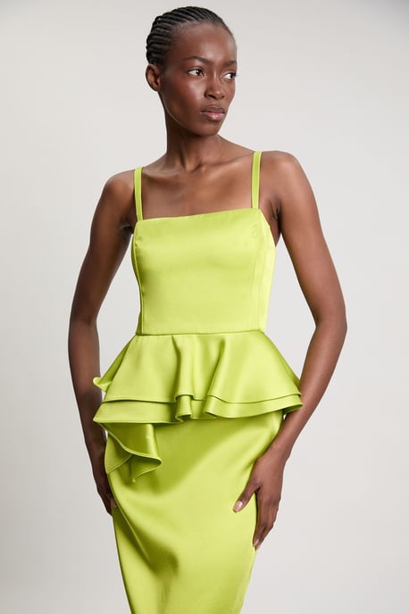 lime green pencil dress Bonded Satin Peplum Woven Midi Asos
