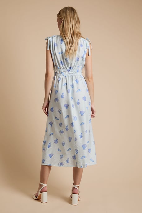 Blue Shell Drawstring Shoulder V Neck Midi Dress - Image 3