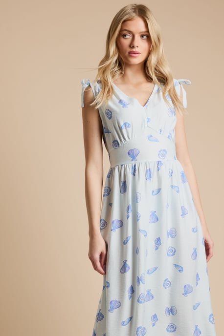 Blue Shell Drawstring Shoulder V Neck Midi Dress - Image 4