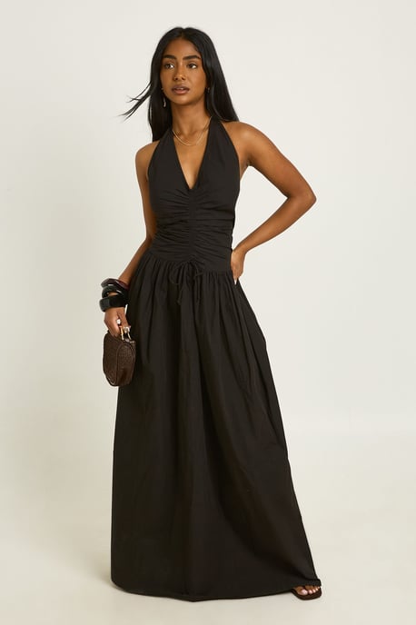 Cotton Poplin Halter Neck Front Gathered Seam Skater Midaxi Dress - Image 1