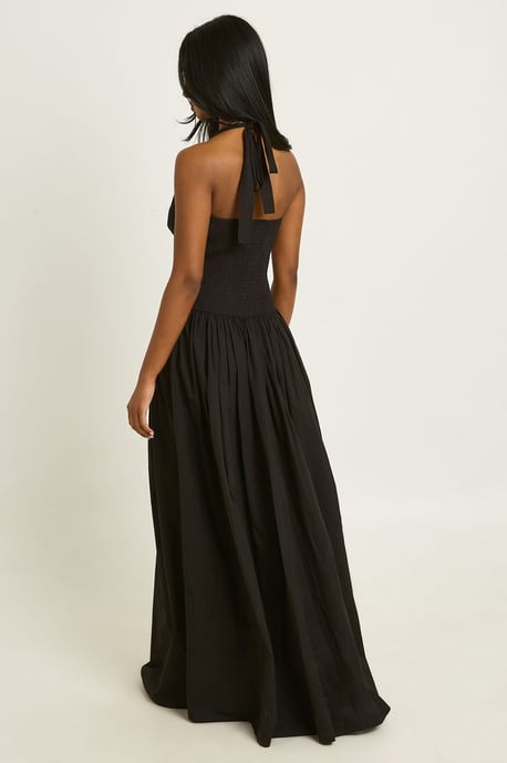 Cotton Poplin Halter Neck Front Gathered Seam Skater Midaxi Dress - Image 2