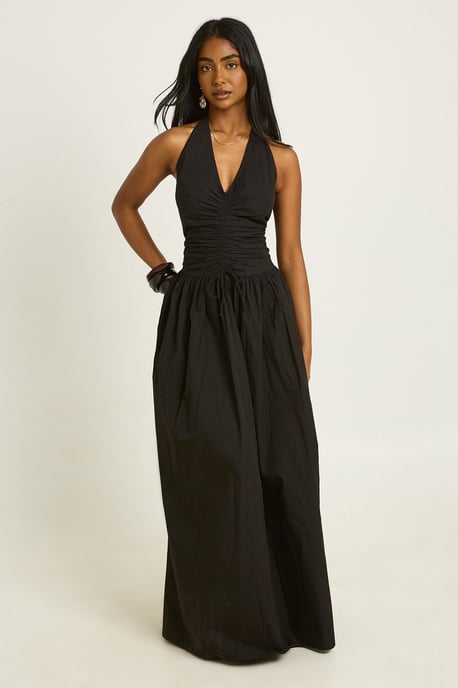 Cotton Poplin Halter Neck Front Gathered Seam Skater Midaxi Dress - Image 3