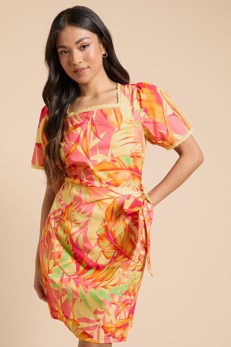 Petite Lace Trim Wrap Skirt Poplin Printed Mini Dress - Image 2