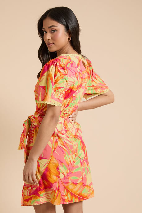 Petite Lace Trim Wrap Skirt Poplin Printed Mini Dress - Image 3