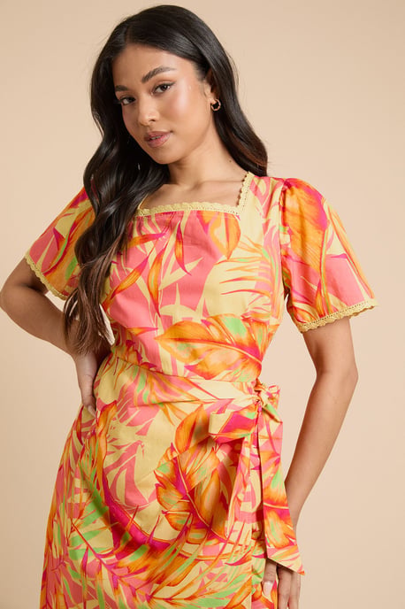Petite Lace Trim Wrap Skirt Poplin Printed Mini Dress - Image 4