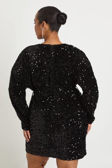 Plus Velvet Sequin Tie Waist Mini Dress - Image 2