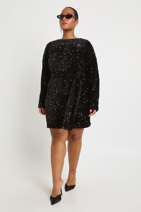 Plus Velvet Sequin Tie Waist Mini Dress - Image 3