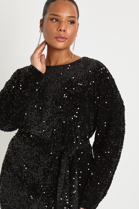 Plus Velvet Sequin Tie Waist Mini Dress - Image 4