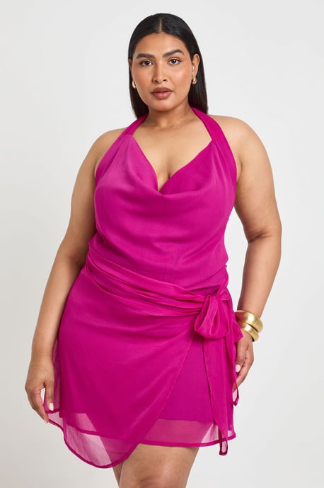 Plus Chiffon Wrap Cowl Neck Mini Dress - Image 1
