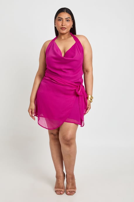 Plus Chiffon Wrap Cowl Neck Mini Dress - Image 3