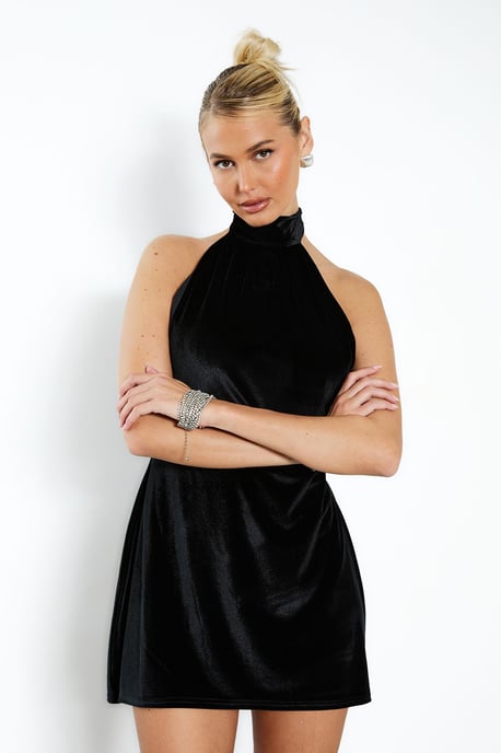 Velvet High Neck Mini Dress - Image 1