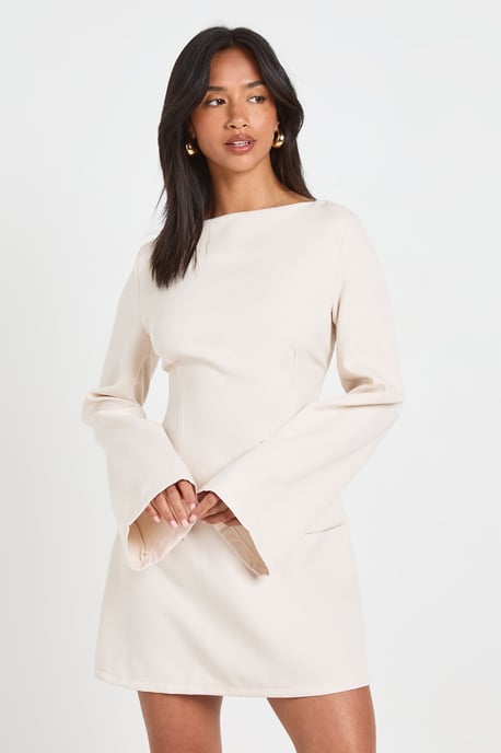 Petite Long Sleeve Slash Neck Tailored Mini Dress - Image 3