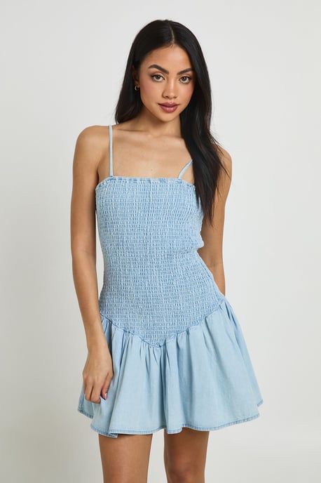 Chambray Shirred Skater Dress - Image 1