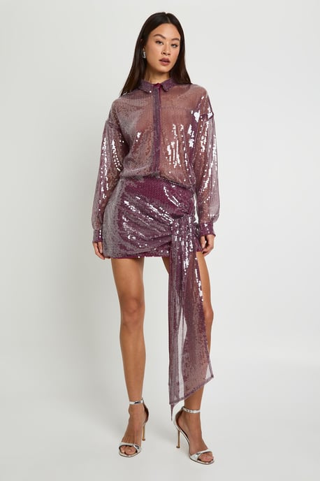 Tall Sheer Sequin Draped Mini Shirt Dress - Image 3