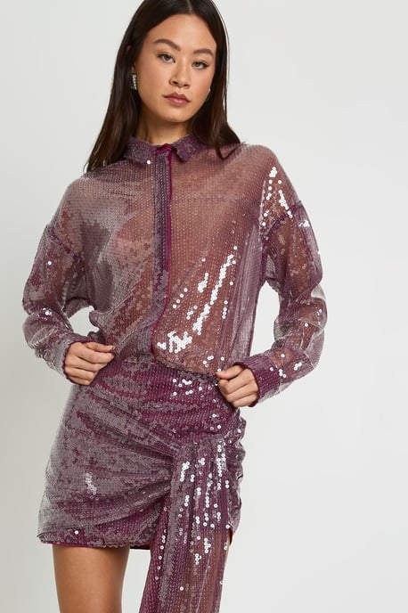 Tall Sheer Sequin Draped Mini Shirt Dress - Image 4