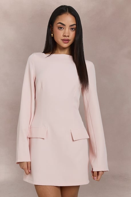 Long Sleeve Slash Neck Tailored Mini Dress - Image 4