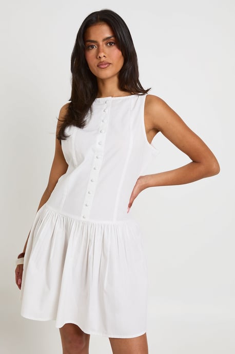 Cotton Poplin Button Through Boat Neck Mini Dress - Image 1