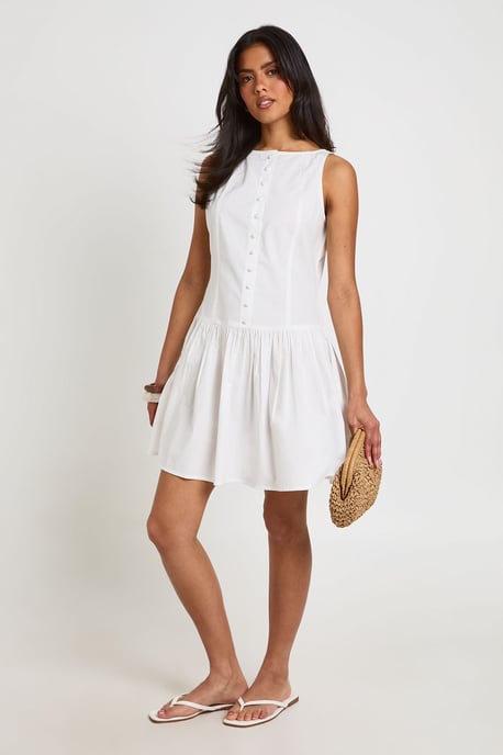 Cotton Poplin Button Through Boat Neck Mini Dress - Image 3