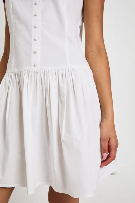 Cotton Poplin Button Through Boat Neck Mini Dress - Image 4