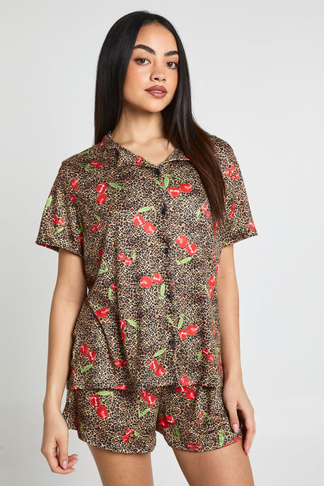 Cherries & Leopard Print Short Sleeve Shirt & Shorts PJ Set - Image 1