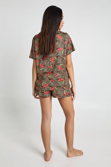 Cherries & Leopard Print Short Sleeve Shirt & Shorts PJ Set - Image 2
