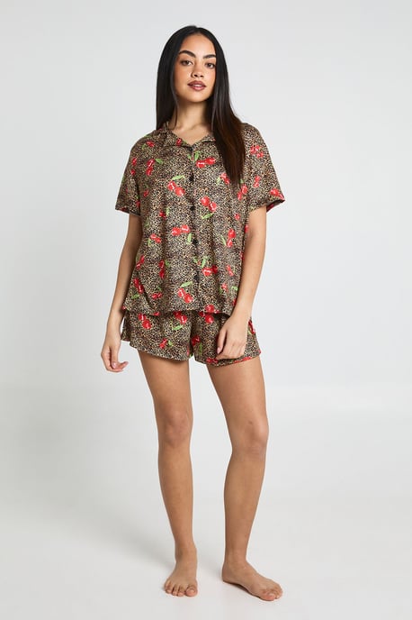 Cherries & Leopard Print Short Sleeve Shirt & Shorts PJ Set - Image 3
