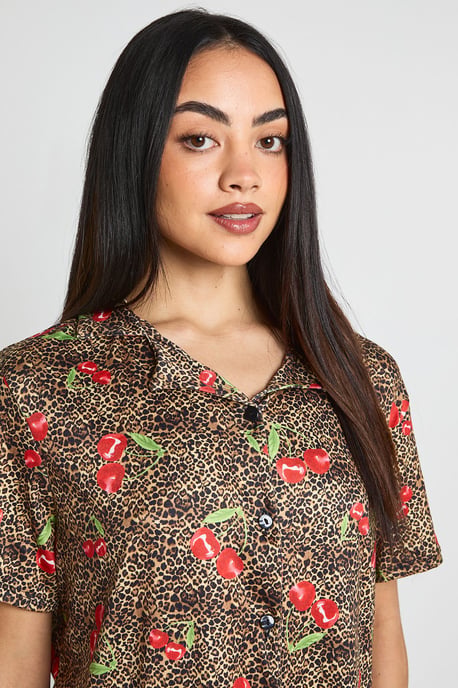 Cherries & Leopard Print Short Sleeve Shirt & Shorts PJ Set - Image 4