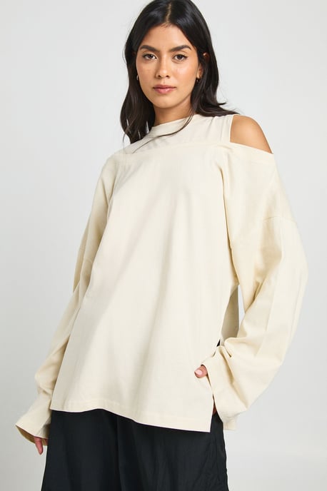Heavy Cotton Oversized T-Shirt with Cold Shoulder - Image 1