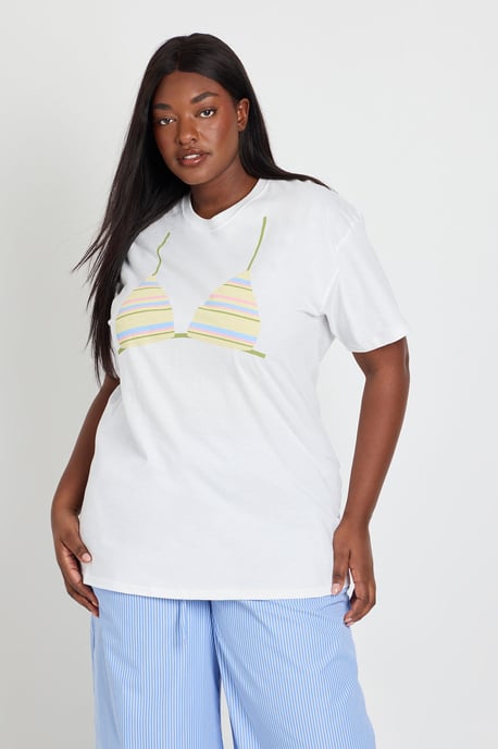 Plus Stripey Bikini Print Oversized T-Shirt - Image 1