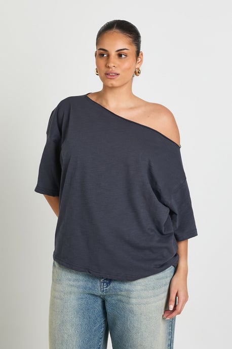 Plus Sheer Slub Off The Shoulder Oversized T-Shirt - Image 3