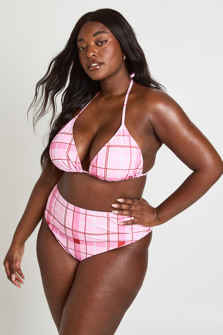 Plus Check Print Triangle Top & High Waist Bikini Bottom Set - Image 3