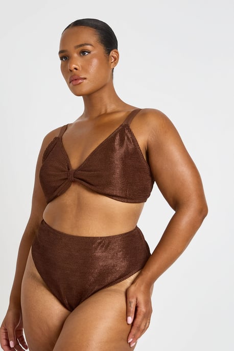 Plus Metallic Crinkle Knot Bikini Top & High Waist Bottom - Image 1