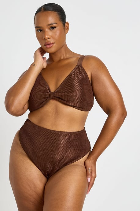 Plus Metallic Crinkle Knot Bikini Top & High Waist Bottom - Image 3