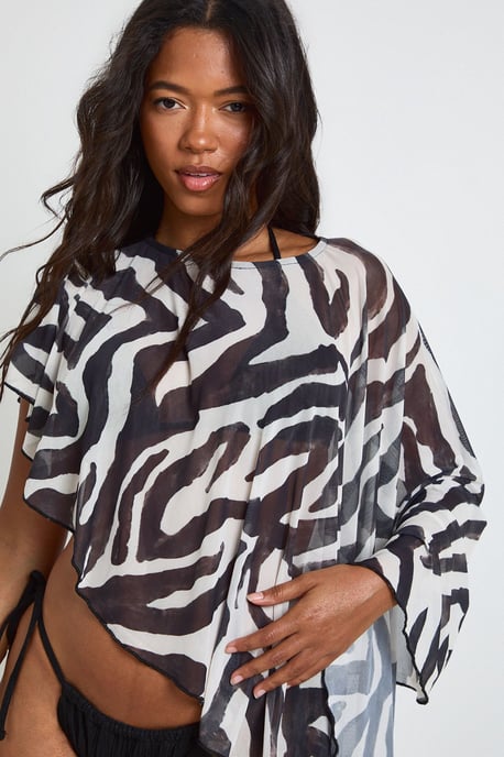 Zebra Print Sheer Mesh Cape Beach Top - Image 4