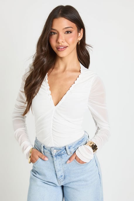 Mesh Ruched Neckline Long Sleeve Bodysuit - Image 1
