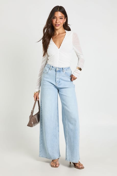 Mesh Ruched Neckline Long Sleeve Bodysuit - Image 3