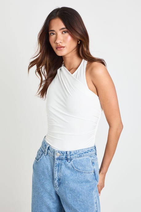 Ruched One Shoulder Mesh Panel Bodysuit - Image 1