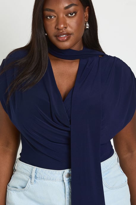 Plus Double Layer Slinky Scarf Detail Ruched Shoulder Bodysuit - Image 2