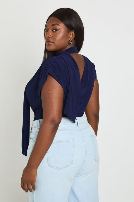 Plus Double Layer Slinky Scarf Detail Ruched Shoulder Bodysuit - Image 3