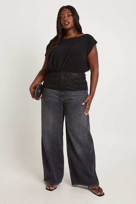 Plus Off The Shoulder Blouson Lace Panel Top - Image 3