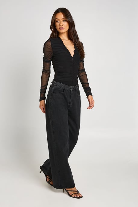 Tall Mesh Ruched Neckline Long Sleeve Bodysuit - Image 3