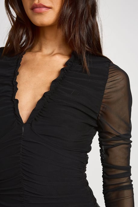 Tall Mesh Ruched Neckline Long Sleeve Bodysuit - Image 4