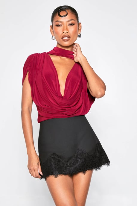 Double Layer Slinky Scarf Detail Ruched Shoulder Bodysuit - Image 1