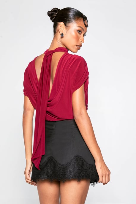 Double Layer Slinky Scarf Detail Ruched Shoulder Bodysuit - Image 2