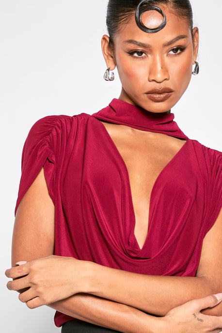 Double Layer Slinky Scarf Detail Ruched Shoulder Bodysuit - Image 4