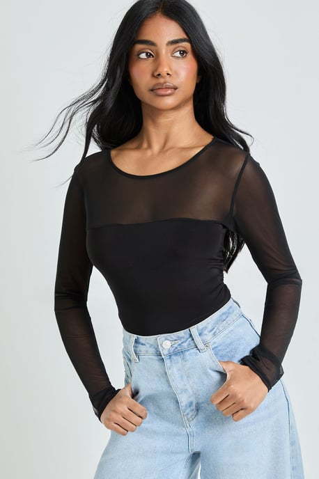 Mesh Panel Front Long Sleeve Bodysuit - Image 1