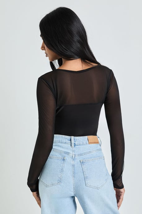 Mesh Panel Front Long Sleeve Bodysuit - Image 2