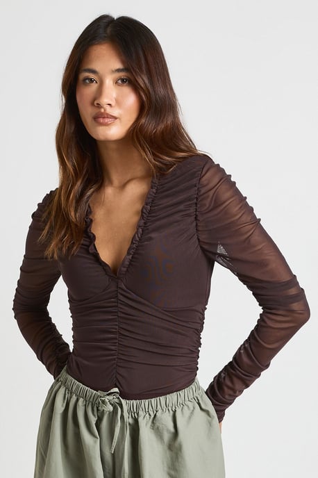 Mesh Ruched Neckline Long Sleeve Bodysuit - Image 1