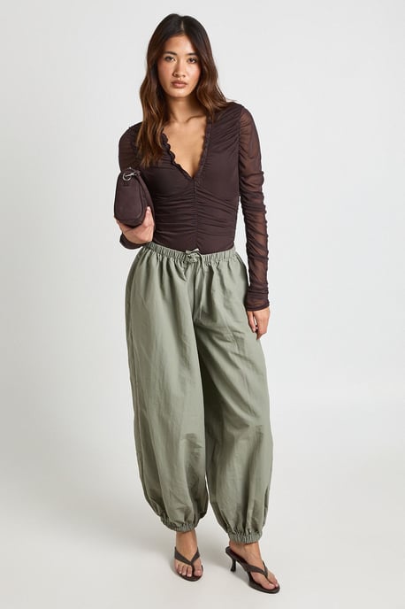 Mesh Ruched Neckline Long Sleeve Bodysuit - Image 3
